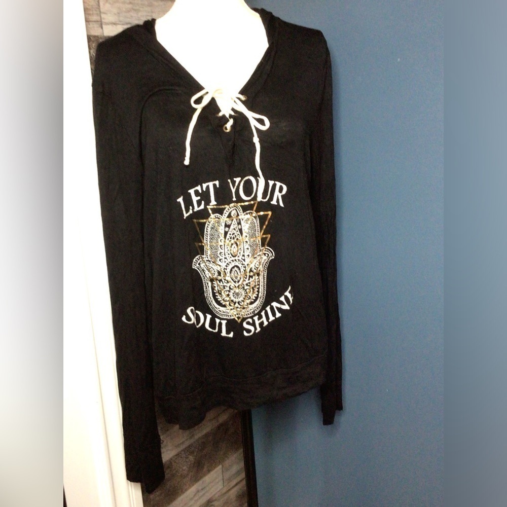 Black  & White Graphic Tie Front Crew Neck Long Sleeve hooded T-Shirt (0164)